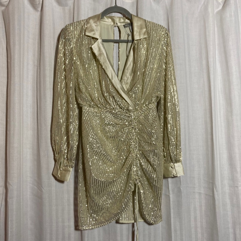 ASOS Sequin Mini Dress Champagne Gold Ruched Faux Wrap Open Back 0 Cocktail‎
